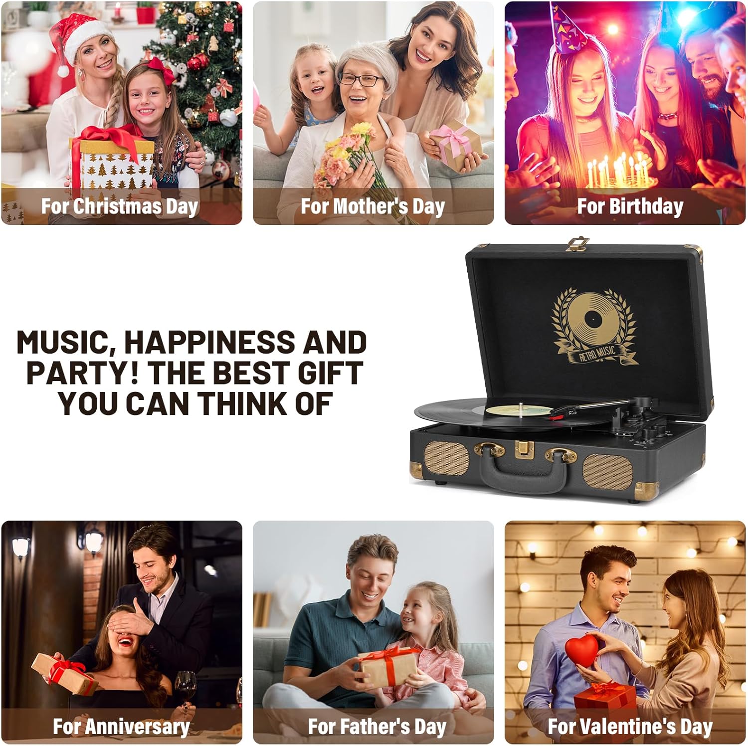 Thumbnail 6 de Lecteur de disques vinyles Bluetooth Mersoco – 3 vitesses, haut-parleurs intégrés, sortie RCA et casque