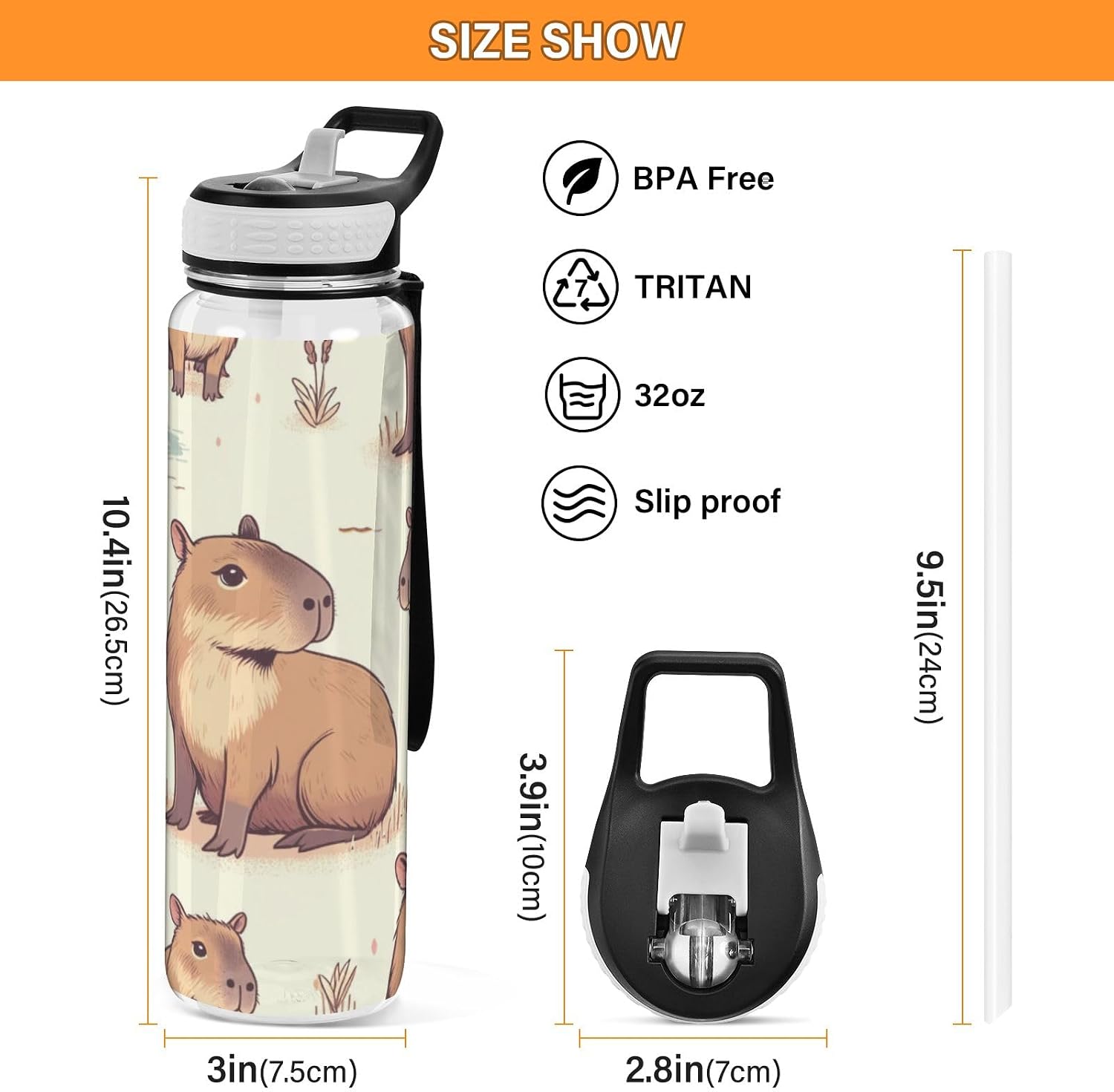 Detalle de Capybara Friends Water Bottle with Straw 1 Litre — BPA Free Tritan, Easy-Clean & Portable