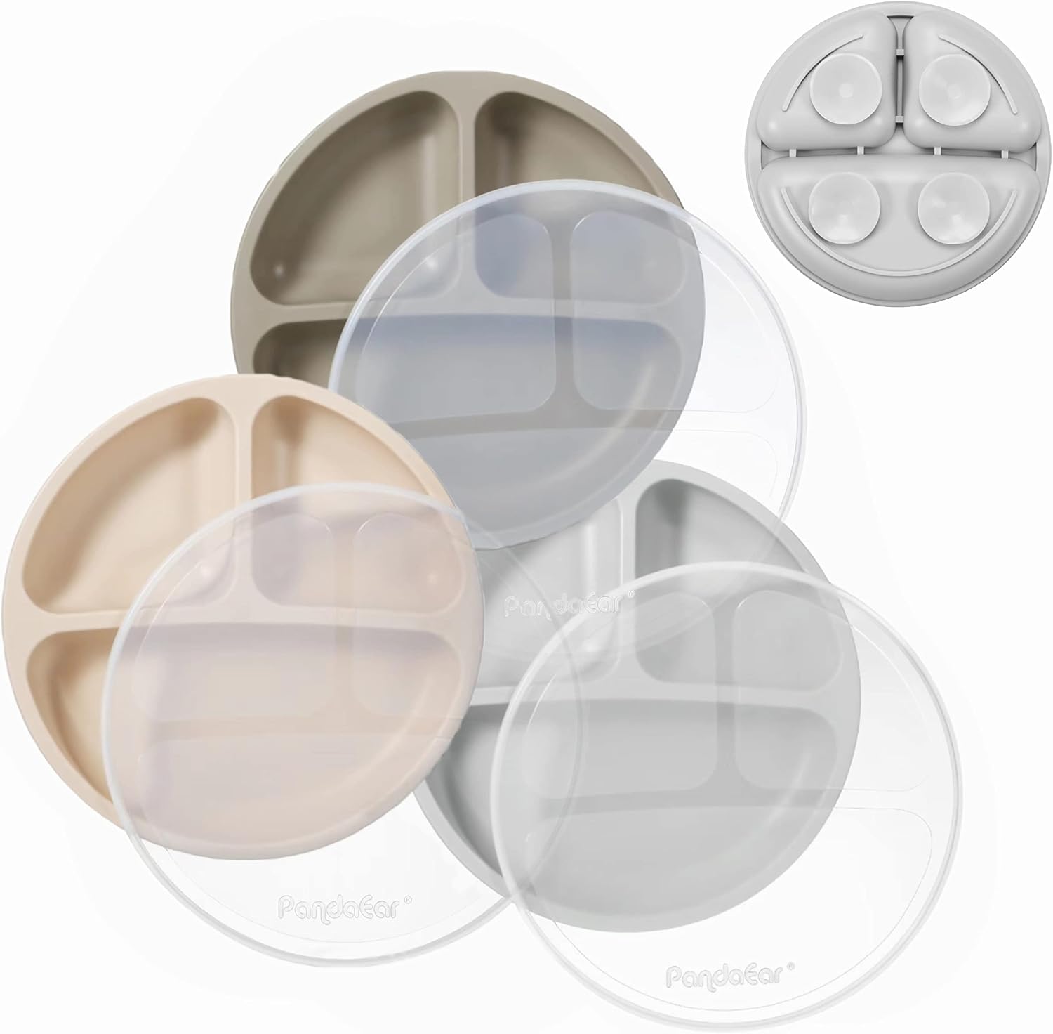 Detalle de PandaEar baby-plates siliconen zuigborden voor baby’s, set van 3 met vakken en deksels