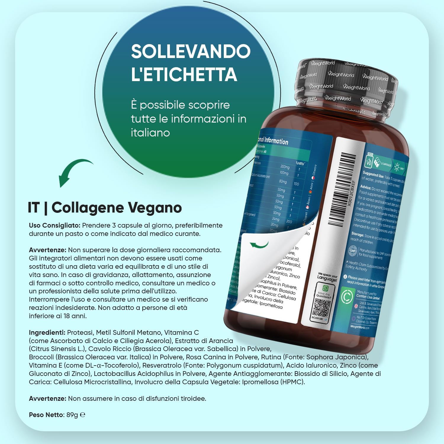 Thumbnail 5 de Collagene vegano e Acido ialuronico WeightWorld, 180 capsule con Vitamina C, E, Zinco, Resveratrolo e MSM