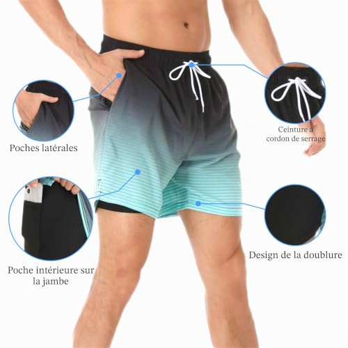 Detalle de Kfnire Maillot Bain Homme 2-en-1 avec Boxer Doublure et Poches Zippées – Séchage rapide
