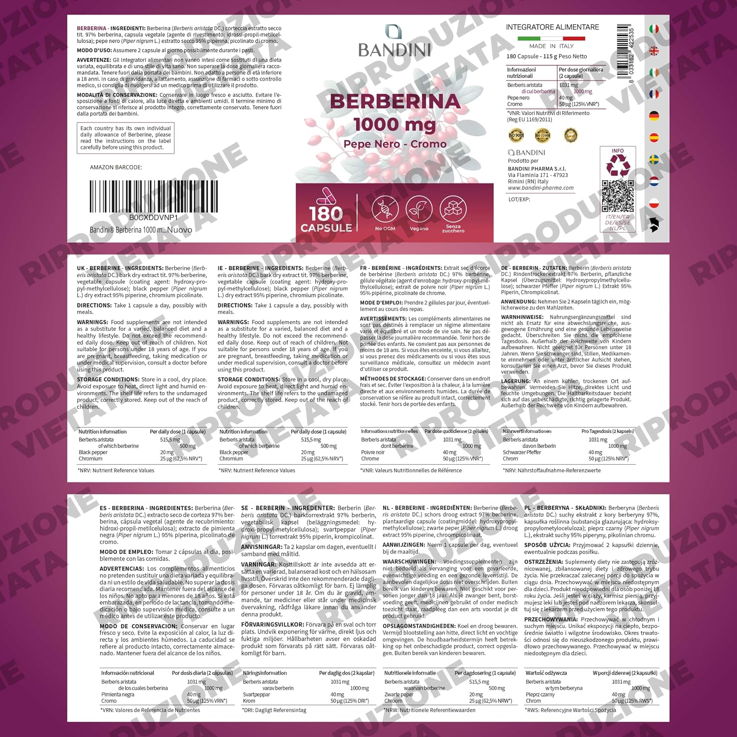 Thumbnail 4 de BANDINI Berberine 1000 mg, 180 vegan capsules met chroom en zwarte peper