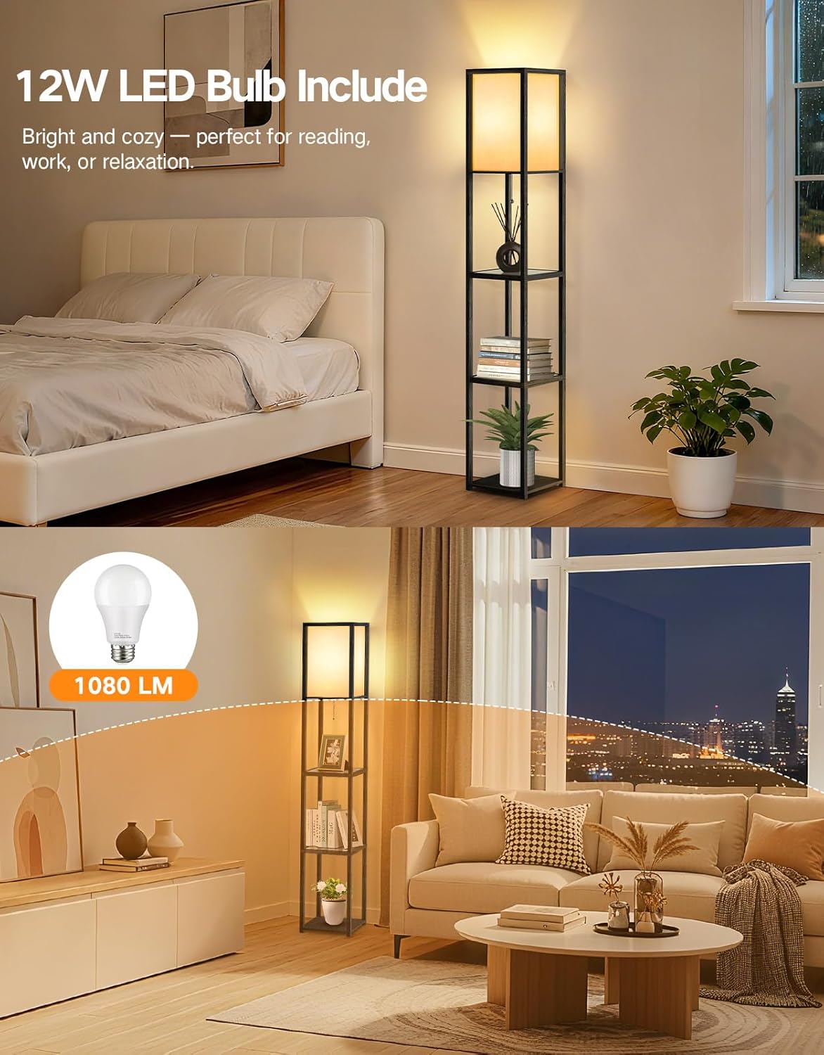 Thumbnail 3 de OUTON Stehlampe mit Glasablagen – Einstellbare Farbtemperaturen (3000K–6000K), LED, Holz Eck-Display, Schwarz