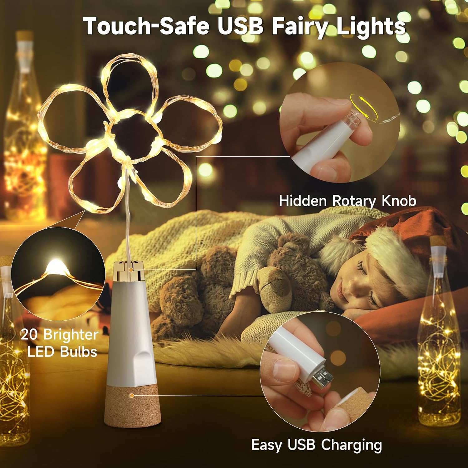 Detalle de KOBWA Luci per bottiglie con sughero: set multicolore ricaricabile USB, 16 pezzi