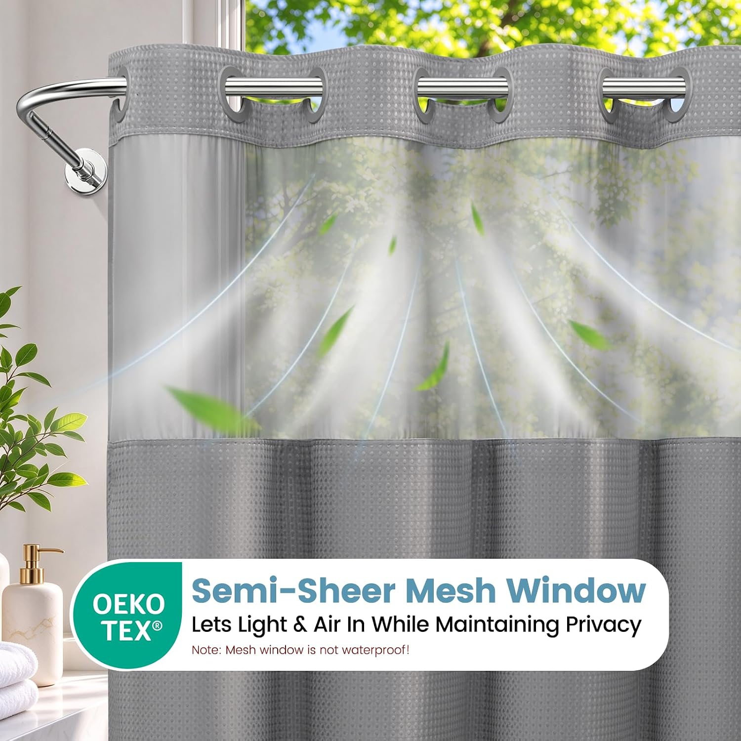 Detalle de SORTTO Ringless Waffle Shower Curtain, 71 x 74 in, Gray with Snap-In Liner
