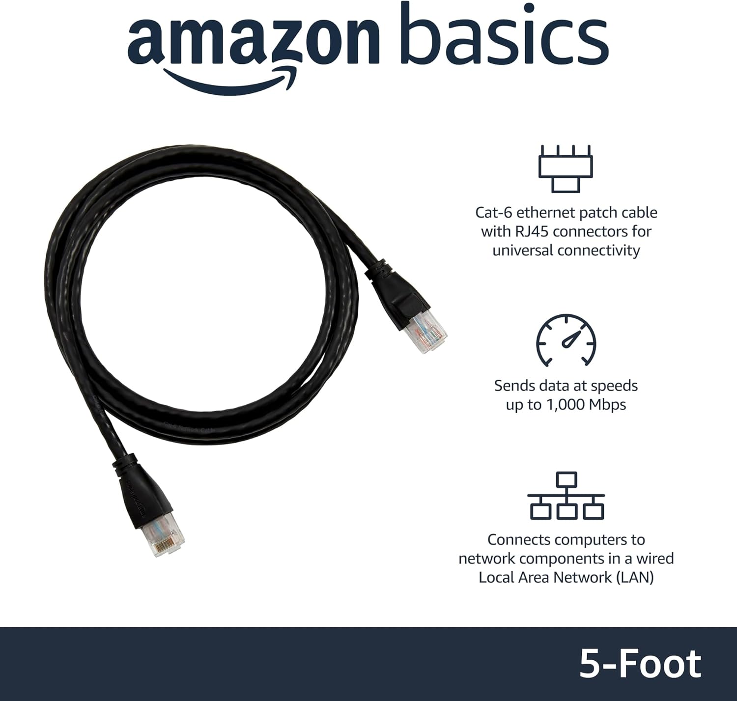 Thumbnail 1 de Amazon Basics RJ45 Cat-6 Ethernet Patch Cable (5-pack, 1.5 m) – Black