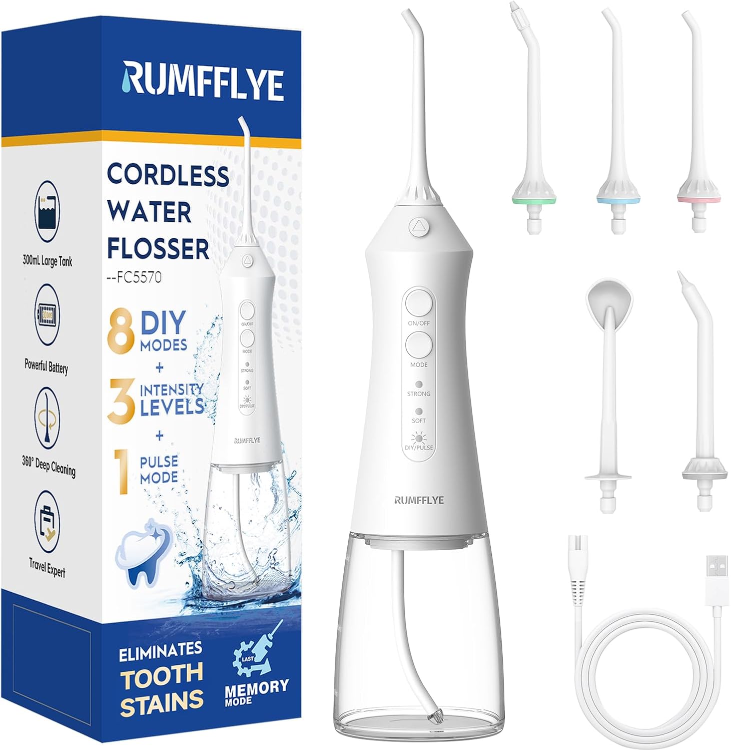 Detalle de RUMFFLYE idropulsore dentale portatile senza fili con 12 modalità, serbatoio da 300 ml e 5 testine IPX7 (kit bianco)