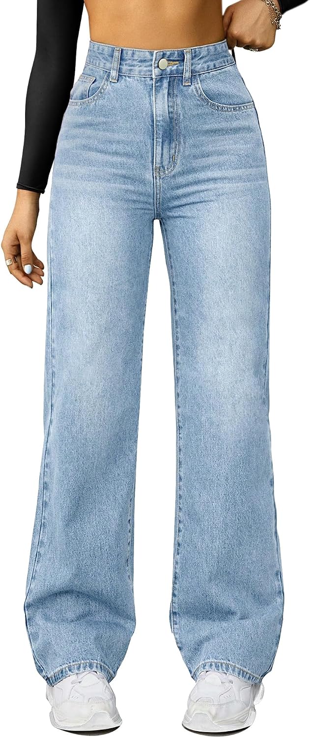 Detalle de FUNUCA Women's High-Rise Wide-Leg Straight-Leg Jeans in Stretch Denim