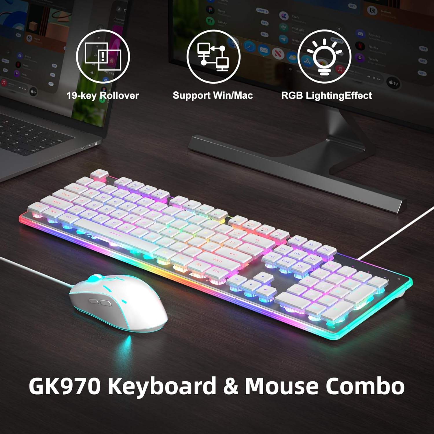 Detalle 2 de MageGee GK970 Keyboard & Mouse Combo (White) – Wired RGB Gaming Set