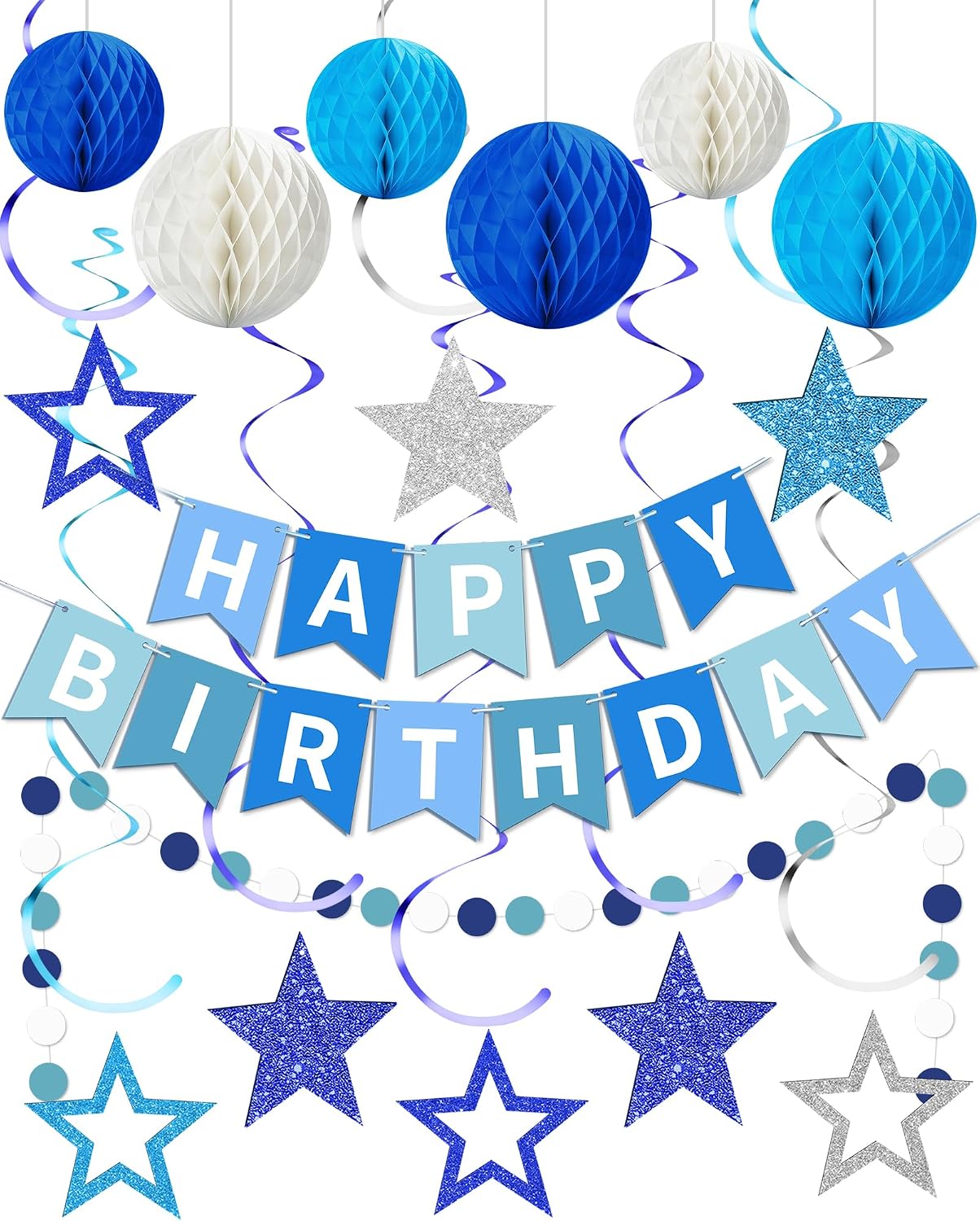 Blue Happy Birthday Decorations: Banner Set with Honeycomb Balls, Star Swirl Streamers & Dots Garland