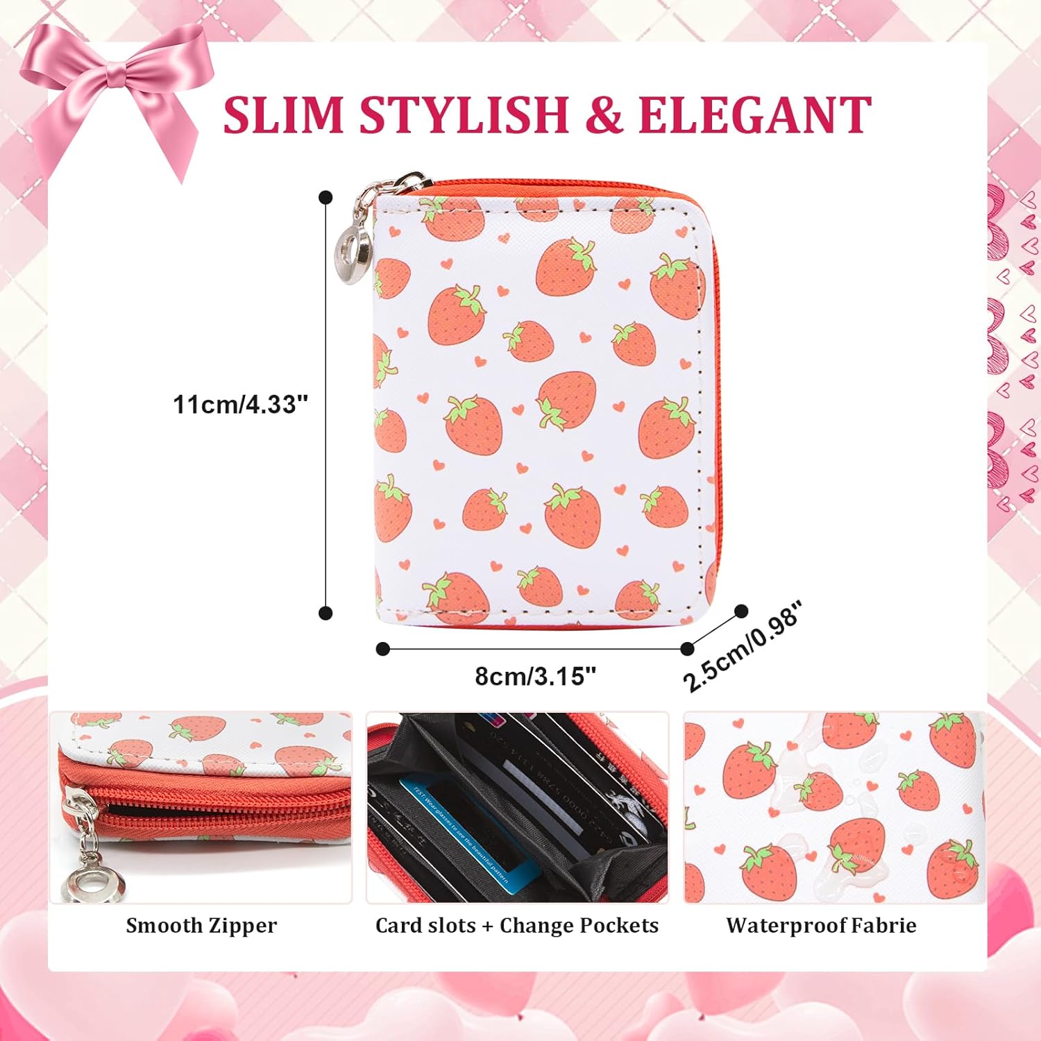 Thumbnail 3 de LJCZKA Credit Card Holder with Zipper – Strawberry Leather Wallet for Women (White)