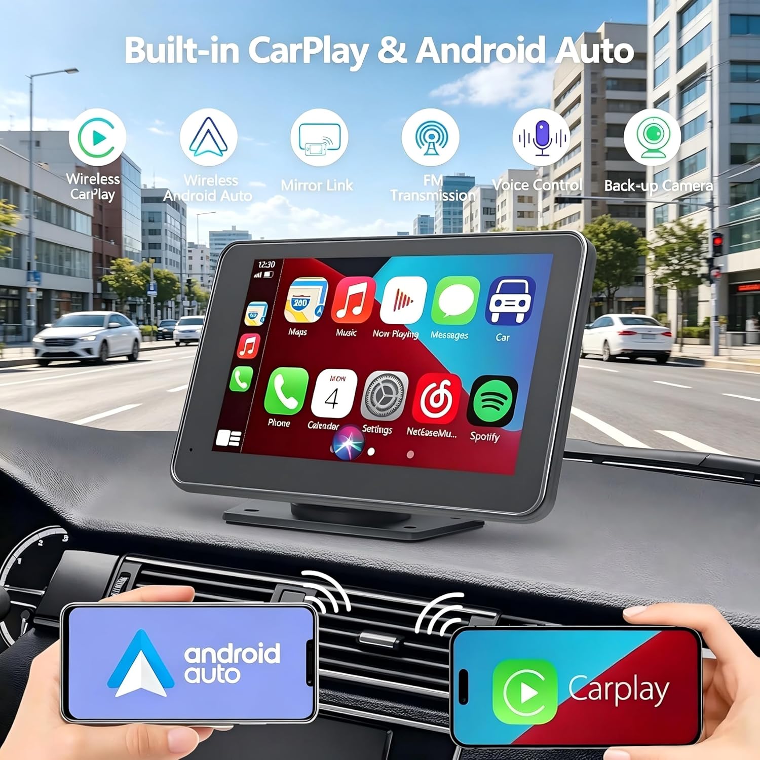 Detalle de Gegaibe 7-Inch Wireless CarPlay/Android Auto Screen with Backup Camera, Bluetooth, GPS Navigation