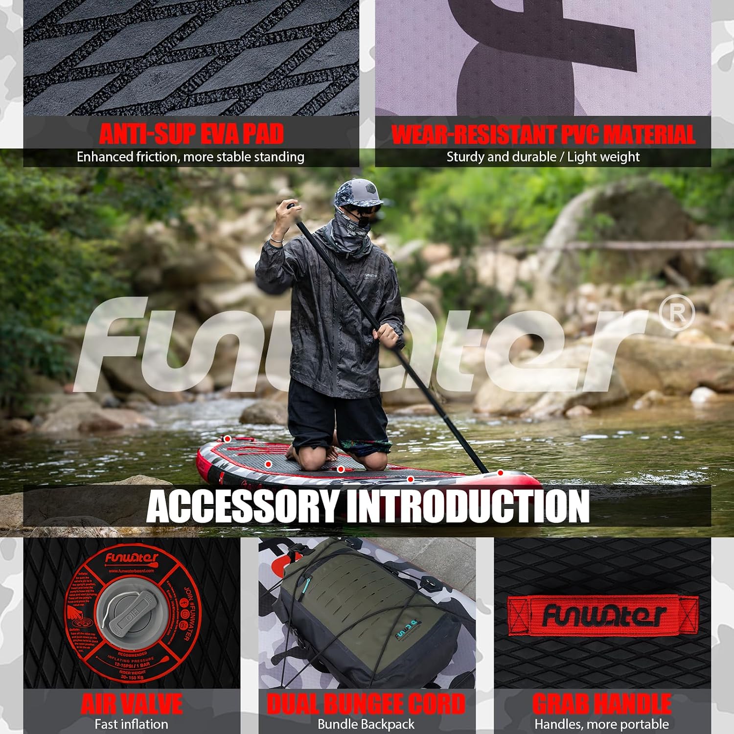 Detalle de FunWater Inflatable Stand Up Paddle Board with Premium Accessories (11'6''/11'/10'6'')
