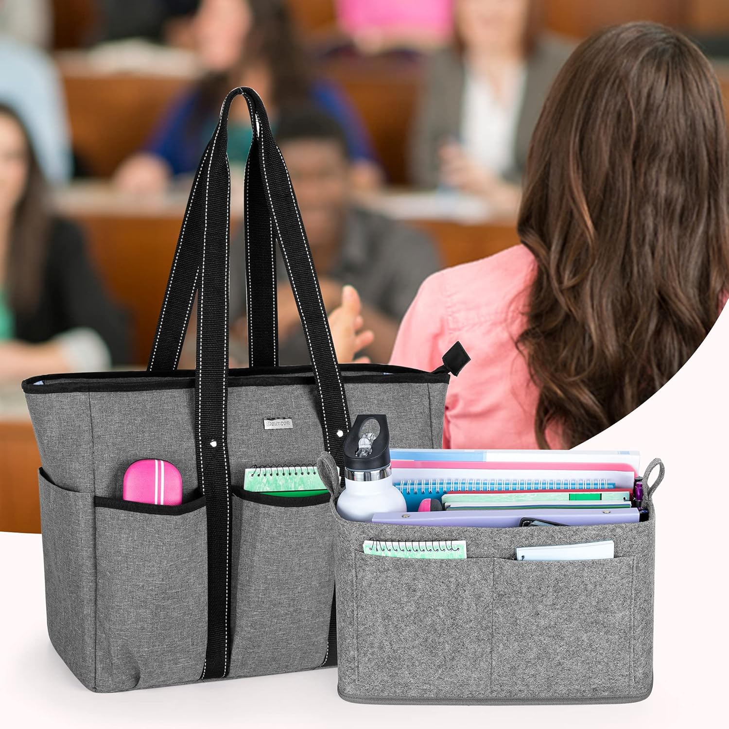 Detalle 2 de Damero Teacher Bag with Felt Organiser Insert: A practical, spacious tote for work, study and travel