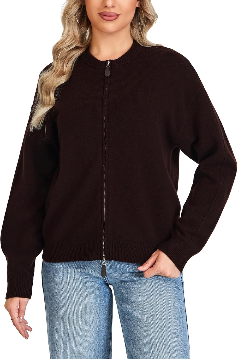 Thumbnail 6 de VETLURY Damen-Strickjacke aus 100% Merinowolle mit Doppelreißverschluss (Rundhals Cardigan) für die Übergangszeit