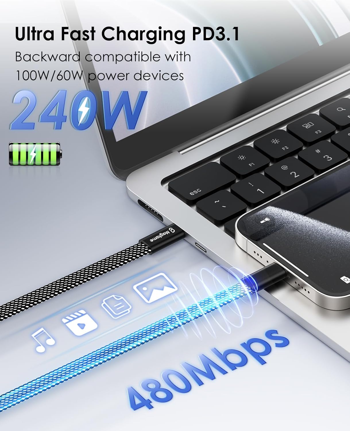 Thumbnail 2 de Magtame Cable C USB Magnético 240W 1m Nylon Rápido ⚡