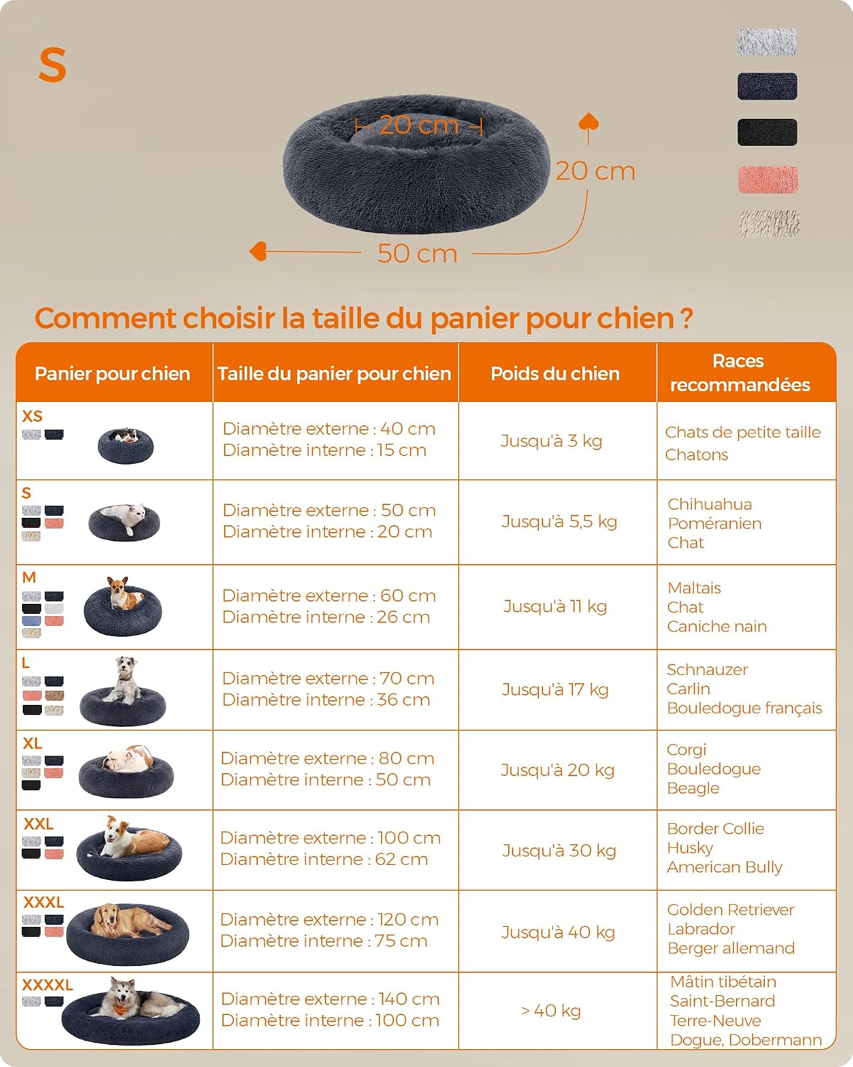 Thumbnail 5 de Feandrea PGW037G02 Lit rond pour chien Ø50 cm, gris foncé