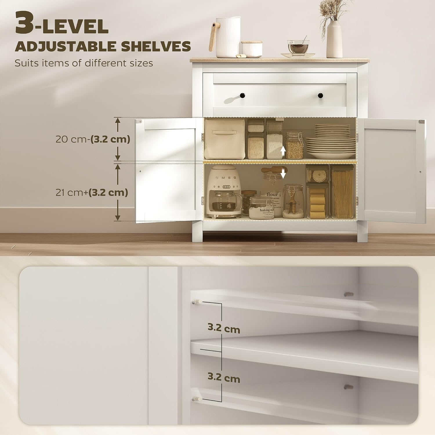 Detalle 1 de HOMCOM 83B-428V80CW Sideboard, Cream White, Adjustable Shelf and Drawer