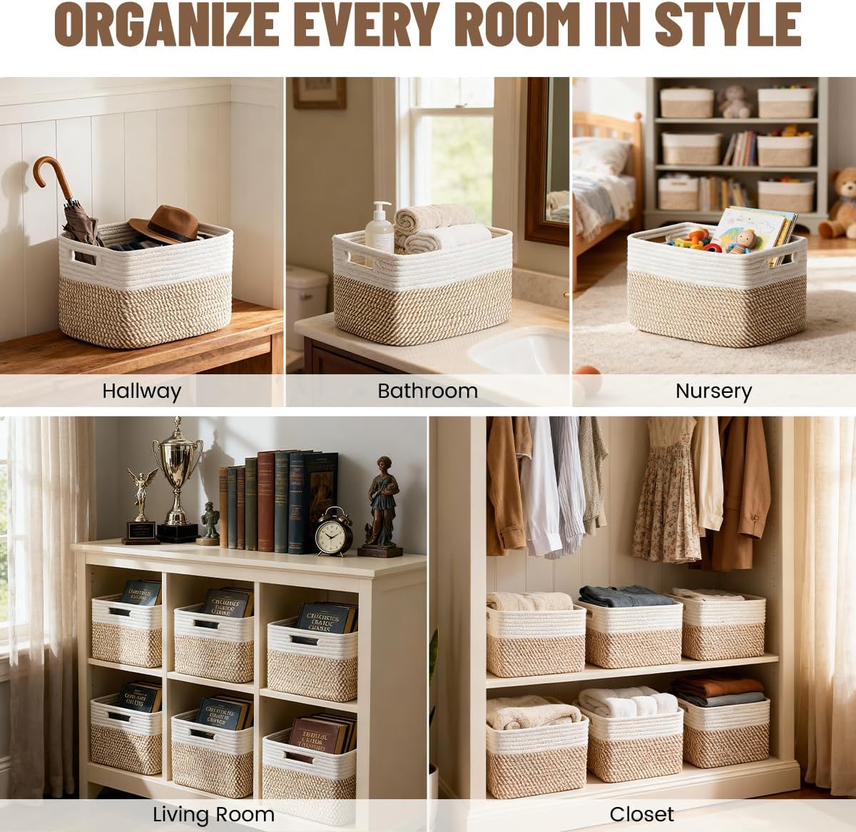 Detalle de Yilobi 5-Pack Woven Cotton Rope Storage Baskets (Khaki & White) for Shelves