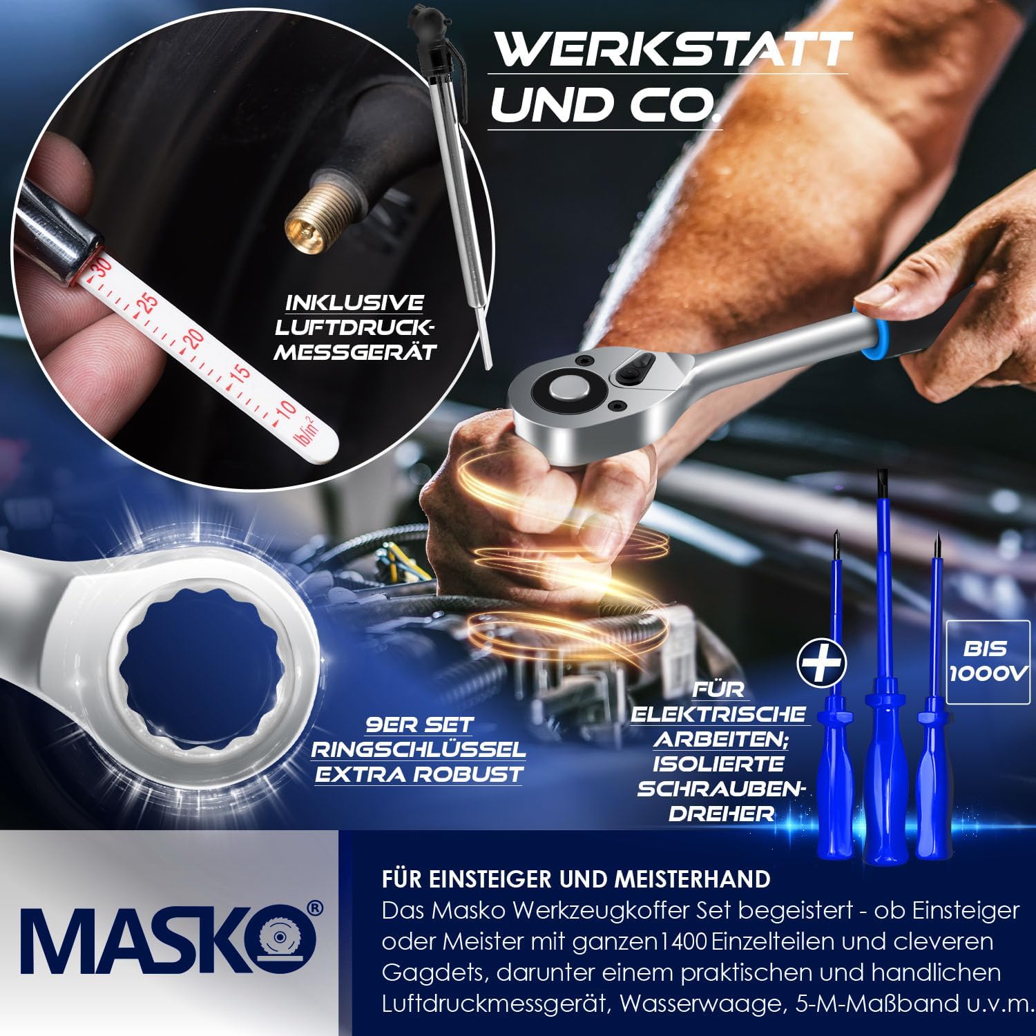 Thumbnail 4 de MASKO Werkzeugkoffer 1400-teilig gefüllt – Aluminiumkoffer mit Trolley-Funktion