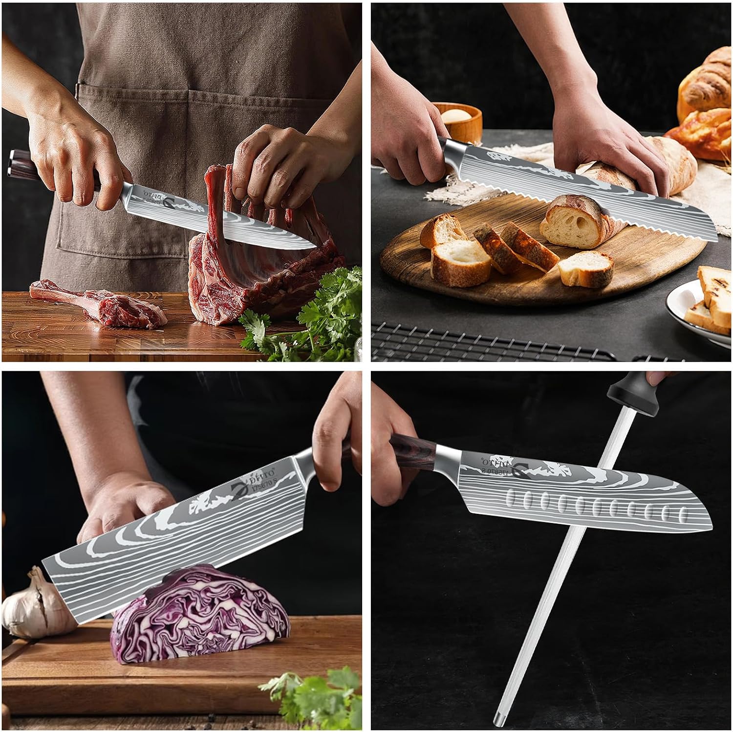 Detalle 2 de Dfito Kitchen Knife Set-Red, 9-Piece Set with Roll Bag and Sharpener