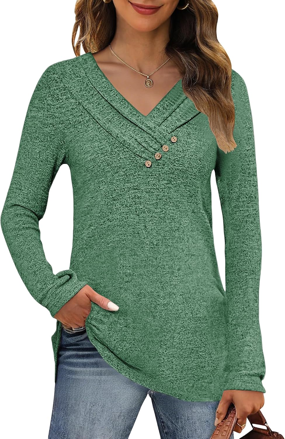 Detalle 2 de Cuptacc Damen Pullover Langarmshirt V-Ausschnitt Top mit Knopfleiste