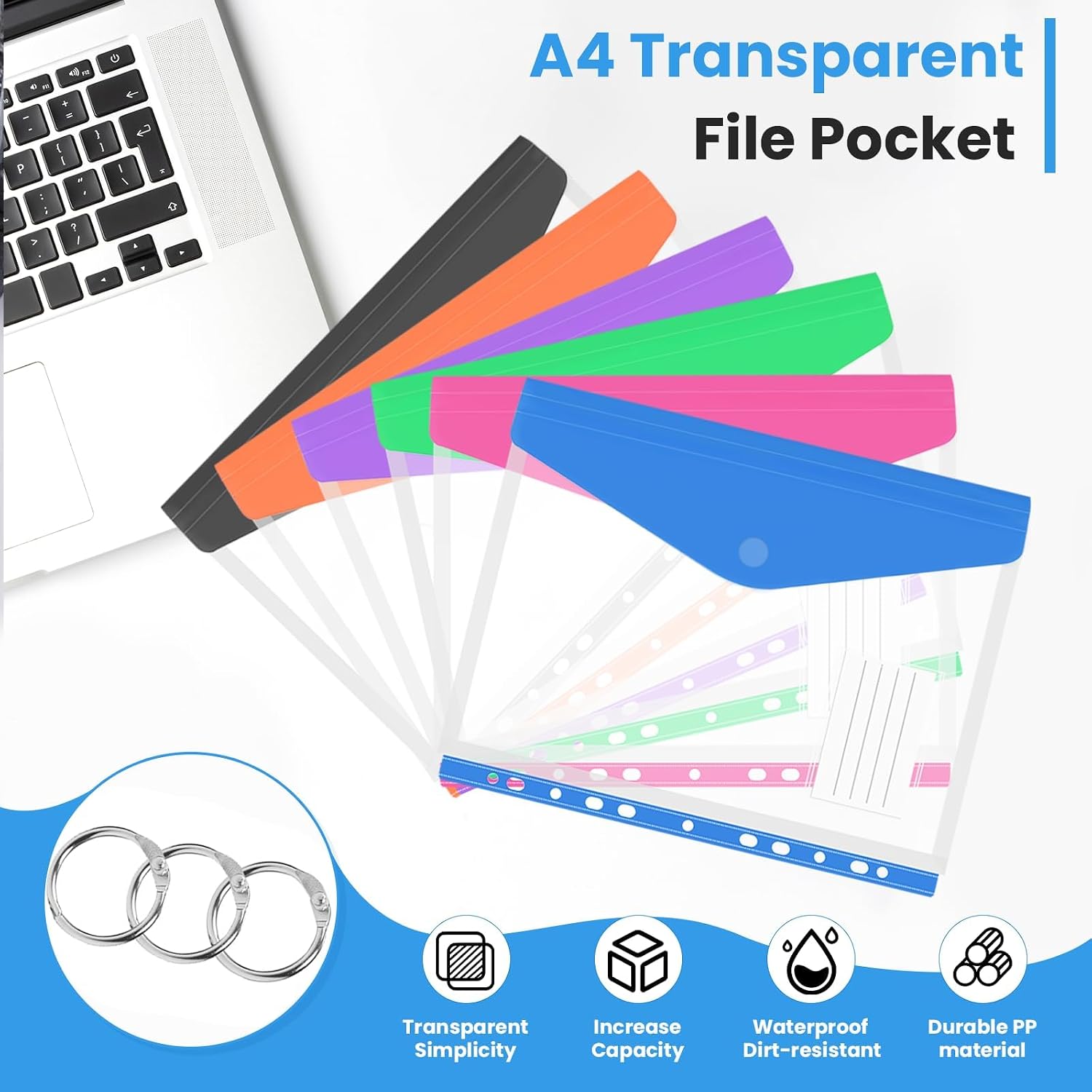 Thumbnail 5 de Surcotto A4 Punched Plastic Wallets – 24-Pack Expandable Pockets with Velcro and Label, 11-Hole Binder Compatible
