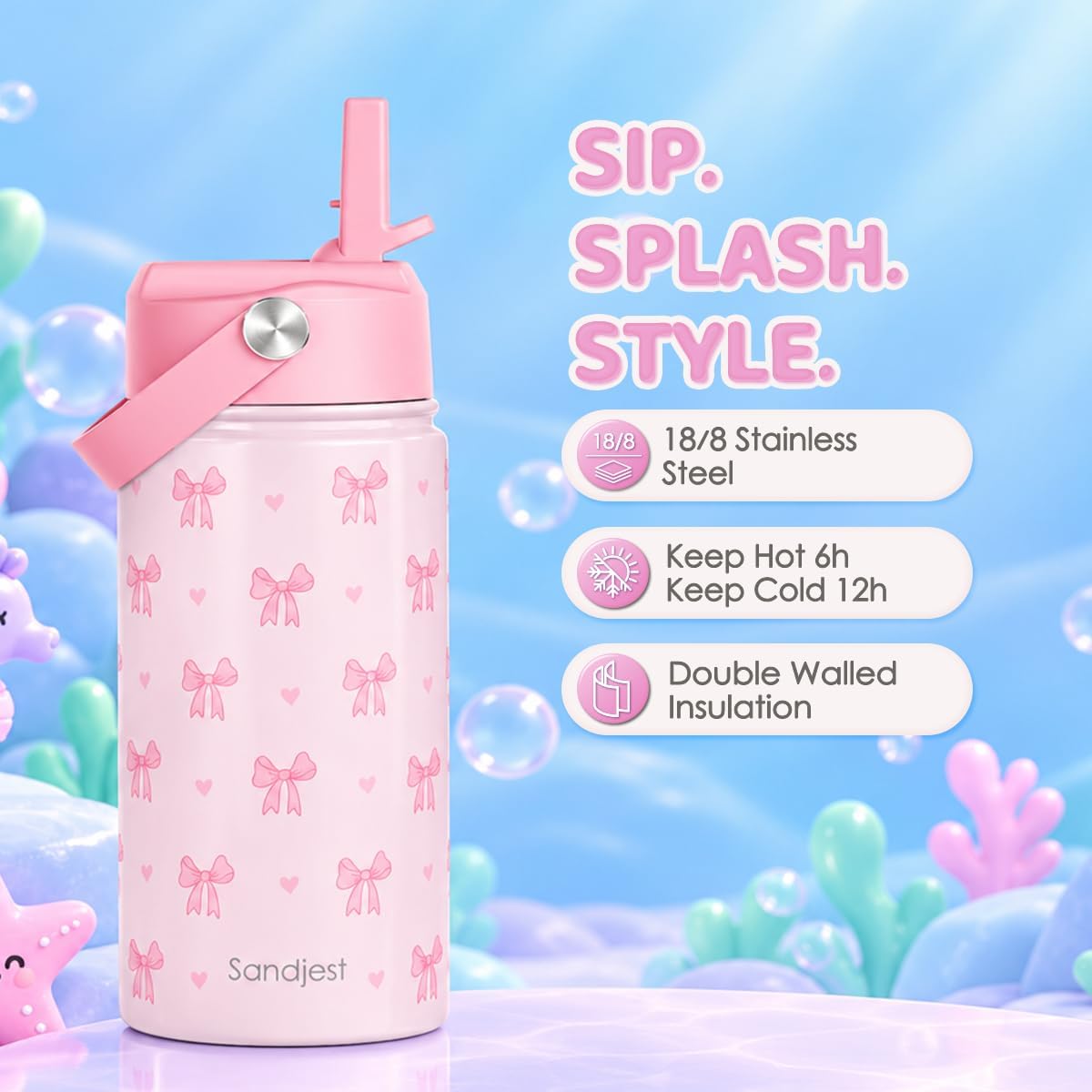 Detalle de SANDJEST SJ-DW-SS-WB12SL Kids’ Vacuum-Insulated Water Bottles, 12 oz, 2-Pack