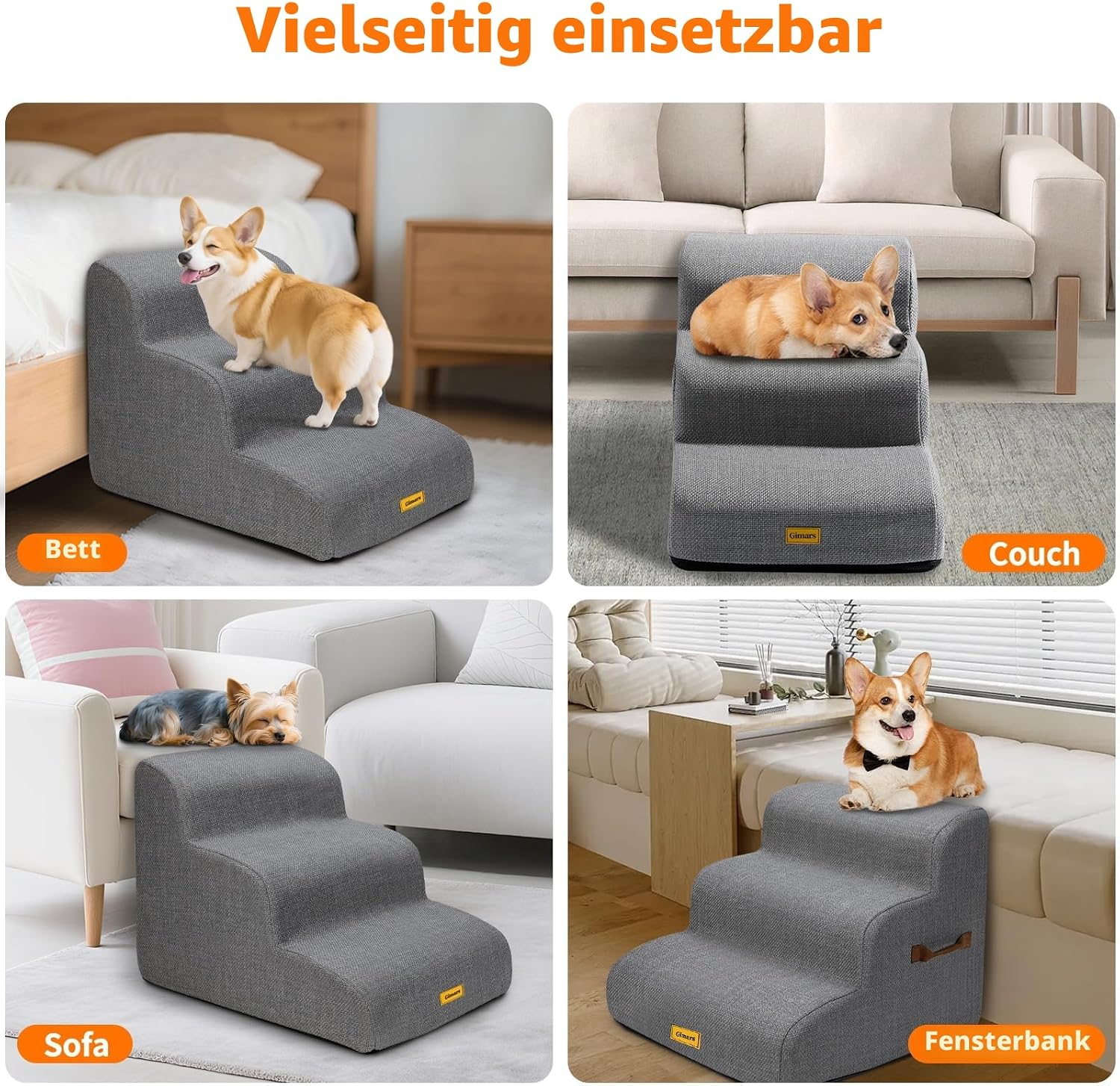 Detalle de Gimars Hundetreppe mit 3 Stufen – 40 cm hoch, 30D HochdichteFoam, abnehmbarer Bezug, rutschfester Boden