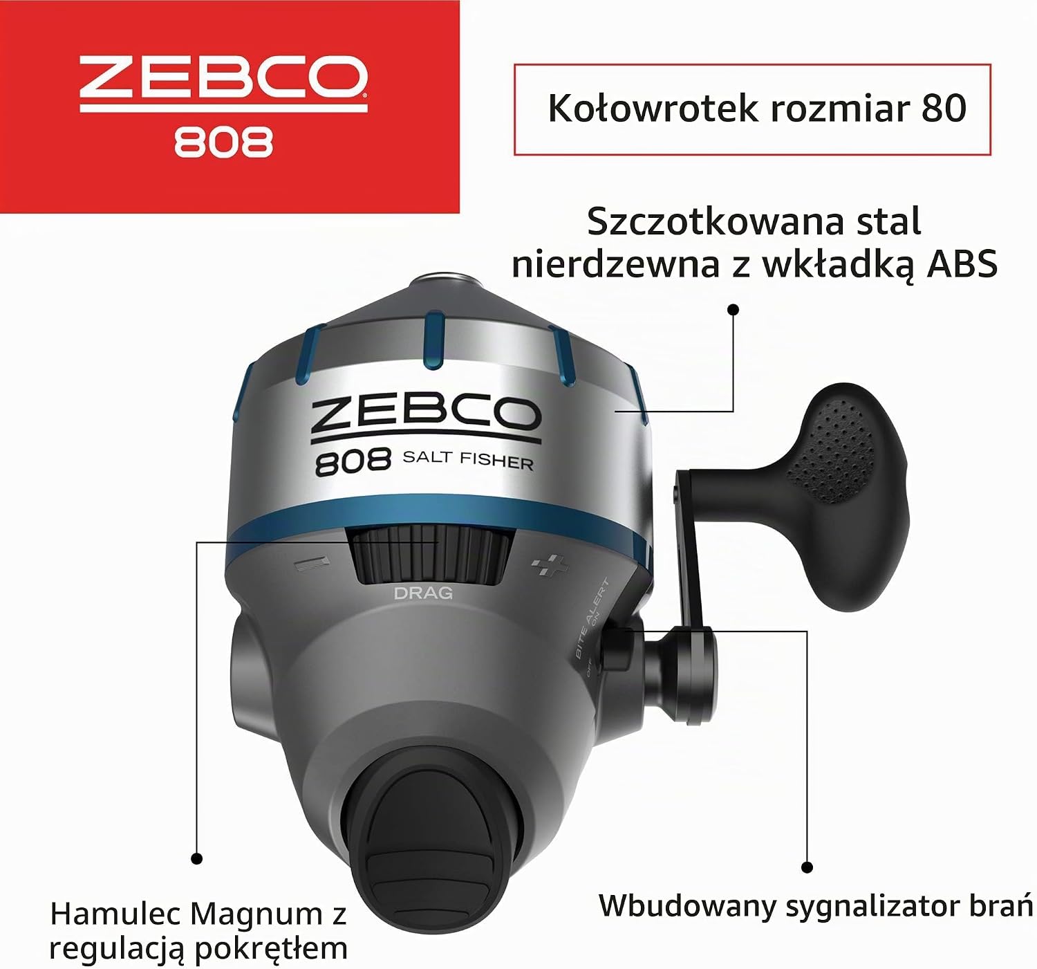 Detalle 2 de Zebco 808 kołowrotek spincast do wody słonej, stal nierdzewna i ABS