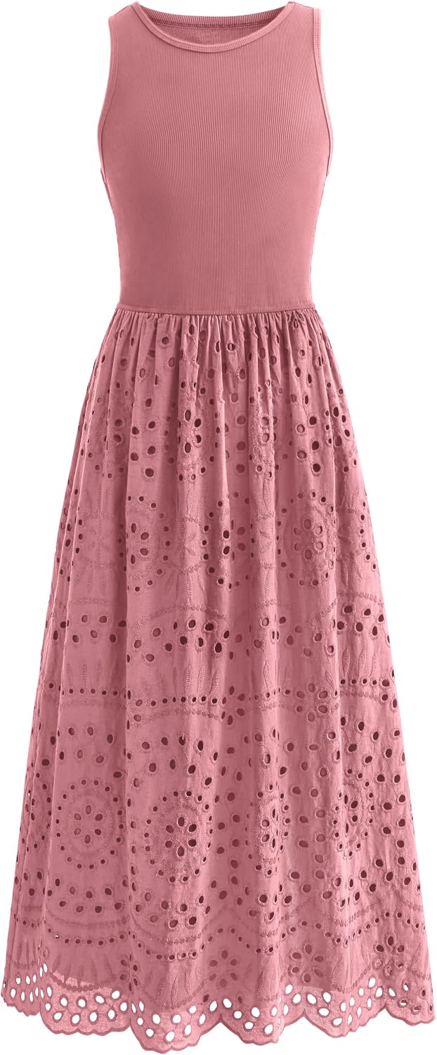 Detalle de Dowerme 2026 Boho Lace Eyelet Maxi Dress with Pockets – Sleeveless Crewneck A-Line