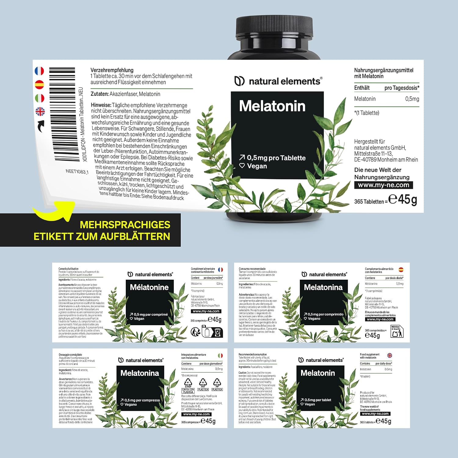Thumbnail 5 de natural elements Melatonin – 365 Tabletten – 0,5mg Melatonin pro Tablette – hochdosiert – Ohne unerwünschte Zusätze – Laborgeprüft – Alternative zu Einschlafspray - 100% vegan
natural elements Melatonin – 365 Tabletten – 0,5mg…