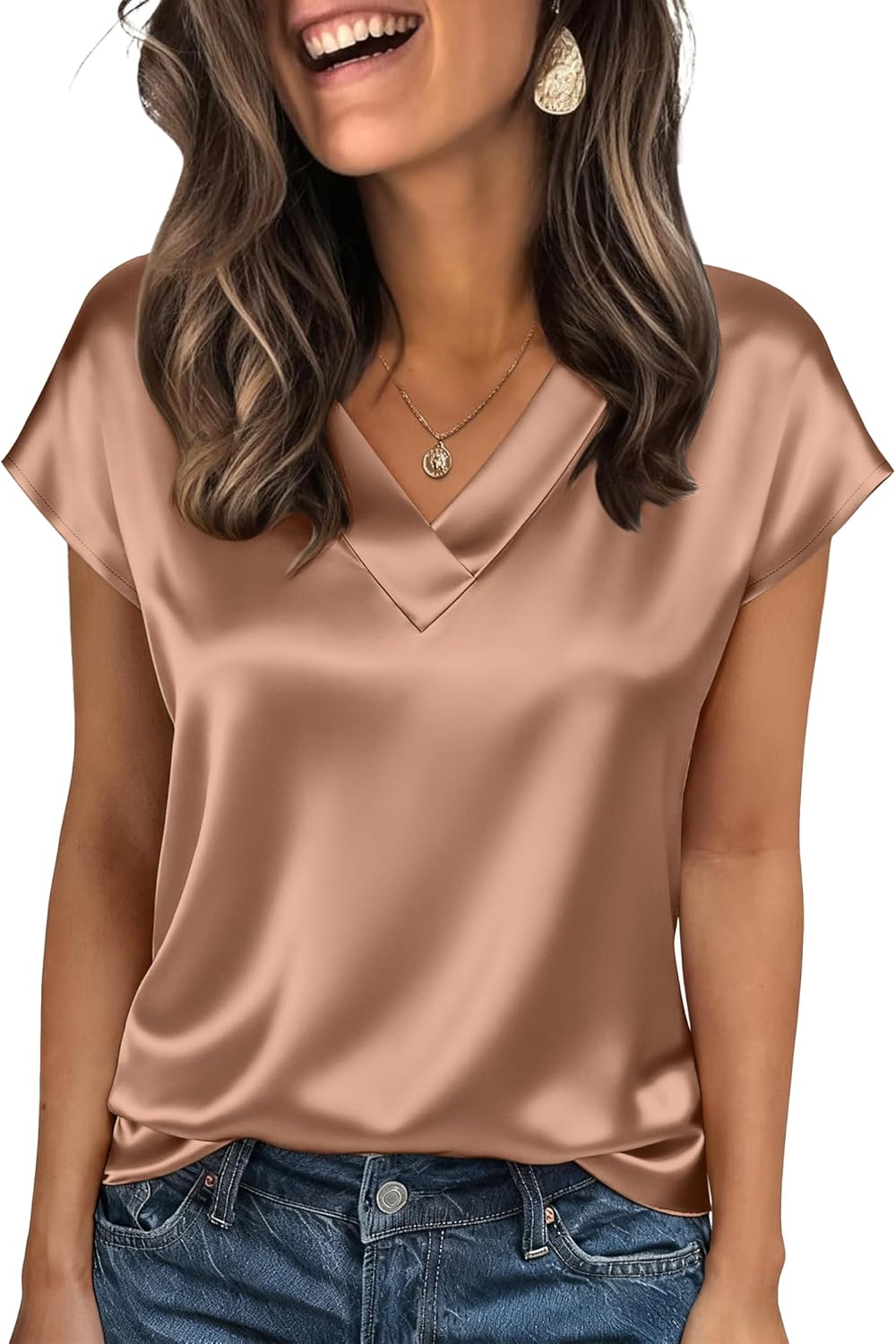 Thumbnail 6 de Zeagoo Women Silk Satin Tops Cap Short Sleeve Blouse V Neck – Business Casual Charm