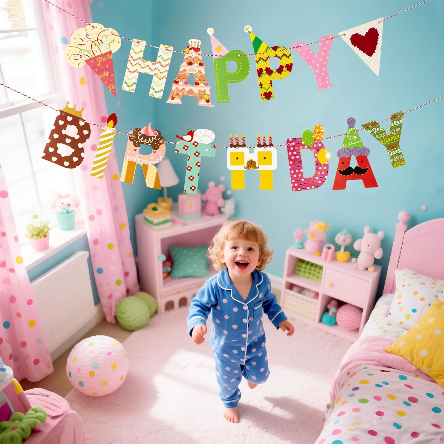 Thumbnail 5 de Happy Birthday Girlande von SUNBEAUTY mit 15 Alphabet-Karten und ca. 2 m Schnur (bunt)