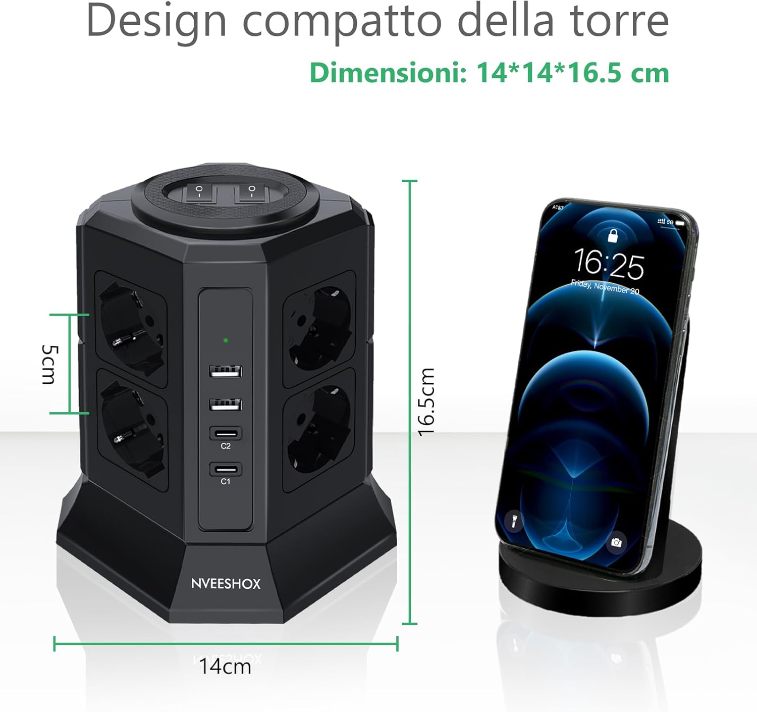 Thumbnail 3 de NVEESHOX Ciabatta multipresa verticale “Ciabatta” con 8 prese Schuko, 2 USB-C (PD 20W) e 2 USB-A, cavo 2 m