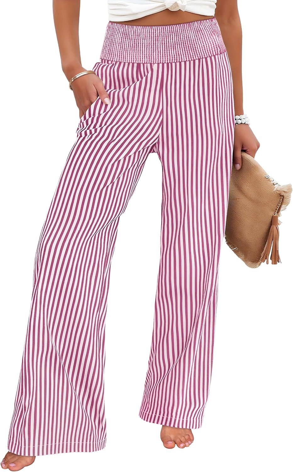 Detalle de ANRABESS Womens Striped Gingham Palazzo Pants: Soft, Breathable Wide-Leg Pajama & Lounge Pants with Pockets