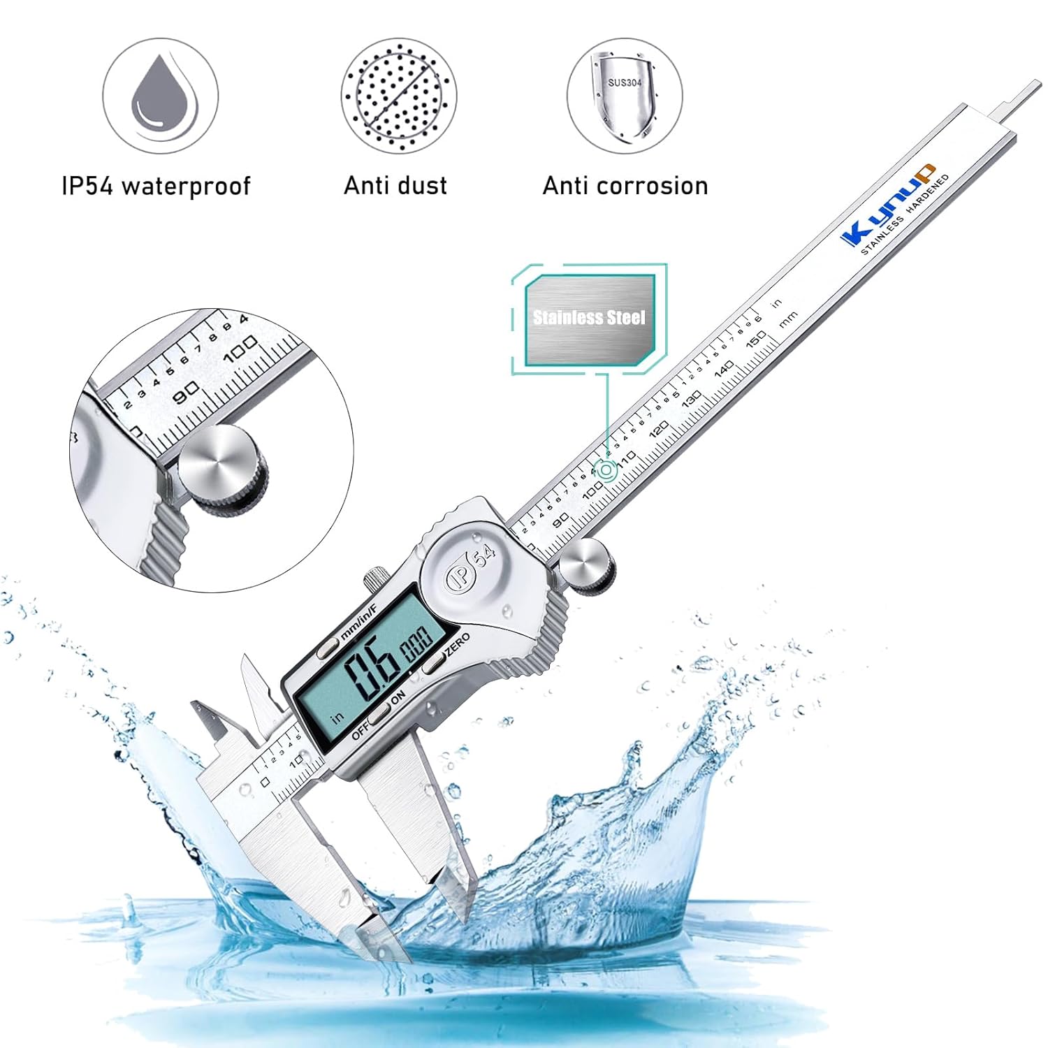 Thumbnail 1 de Kynup Digital Caliper (6 Inch) with Large LCD, IP54 Splash Proof, Inch/Metric Fraction Switch