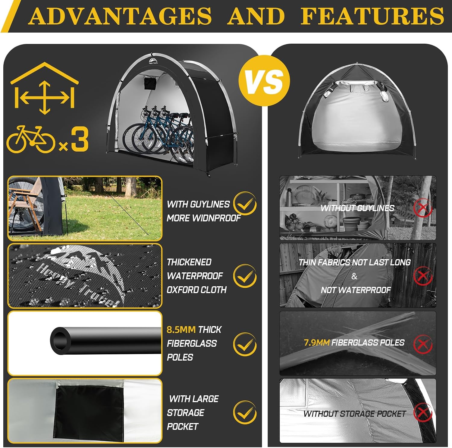 Detalle 2 de HAPPY TRAVEL XL for 2 or 3 Bikes-Black Bike Storage Tent, Waterproof 210D Oxford