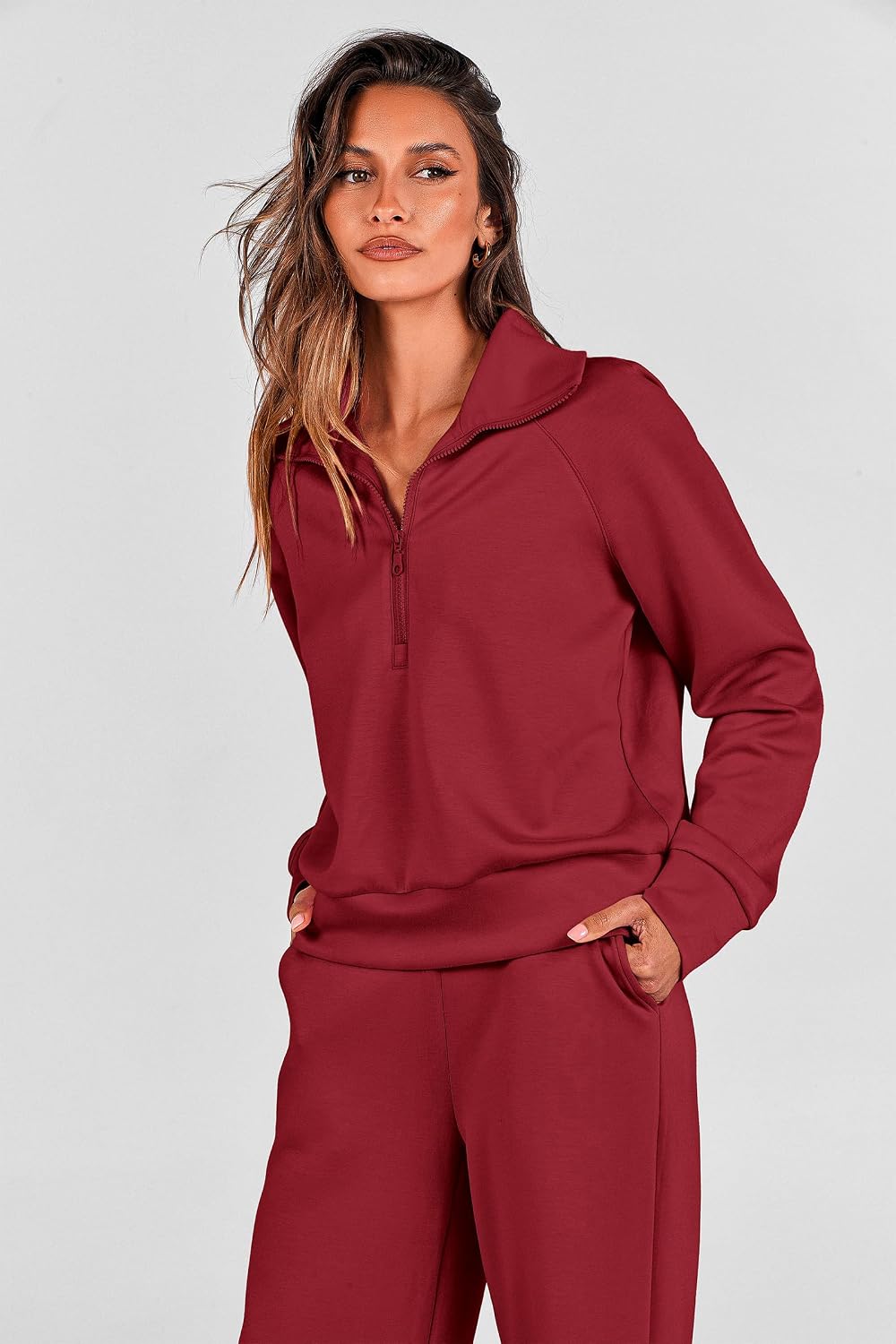 Detalle de PRETTYGARDEN Women's Two-Piece Lounge Set with Half-Zip Top and Wide-Leg Pants