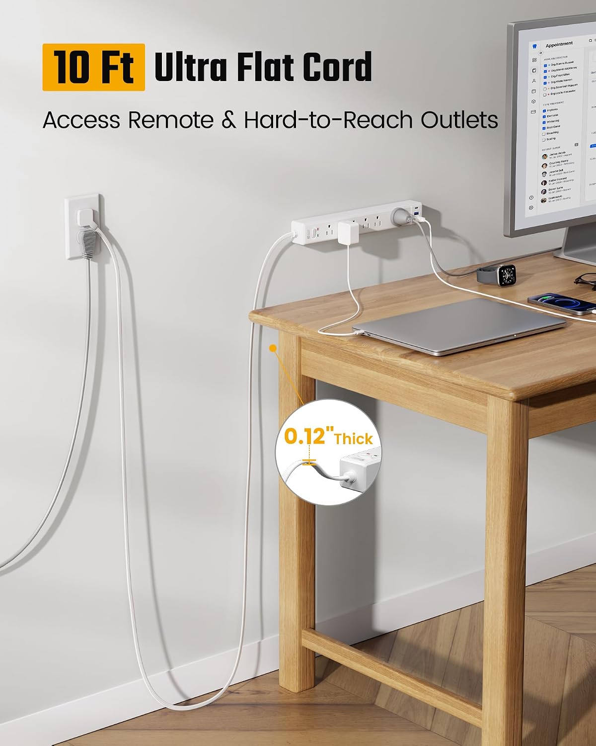 Detalle 2 de SUPERDANNY 10 Ft Flat Plug Power Strip 6-Outlet 3-USB 🔌