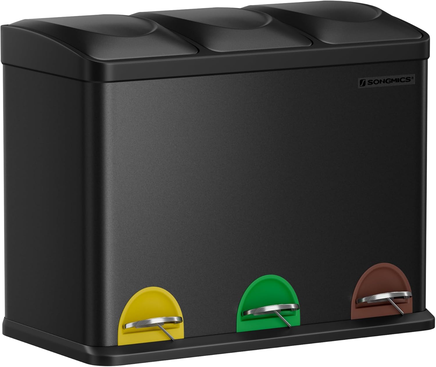 SONGMICS 3-Fächer-Küchen-Mülleimer LTB45B mit 45-Liter-Mülltrennsystem (Metall, 3×15 Liter, Tretdeckel)