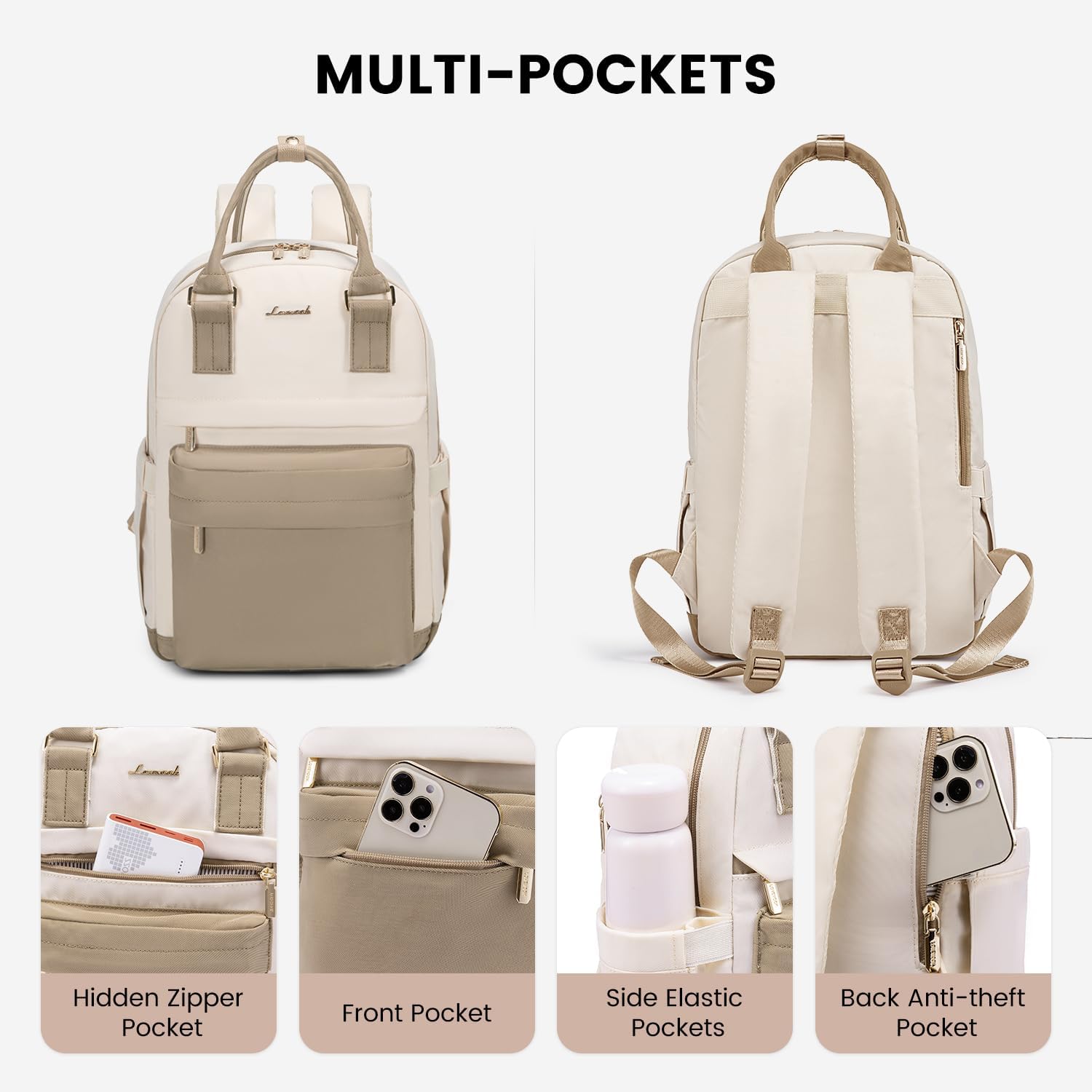Detalle de LOVEVOOK Damen Rucksack Mittelgroß – 14 Zoll, wasserdicht, Khaki Beige