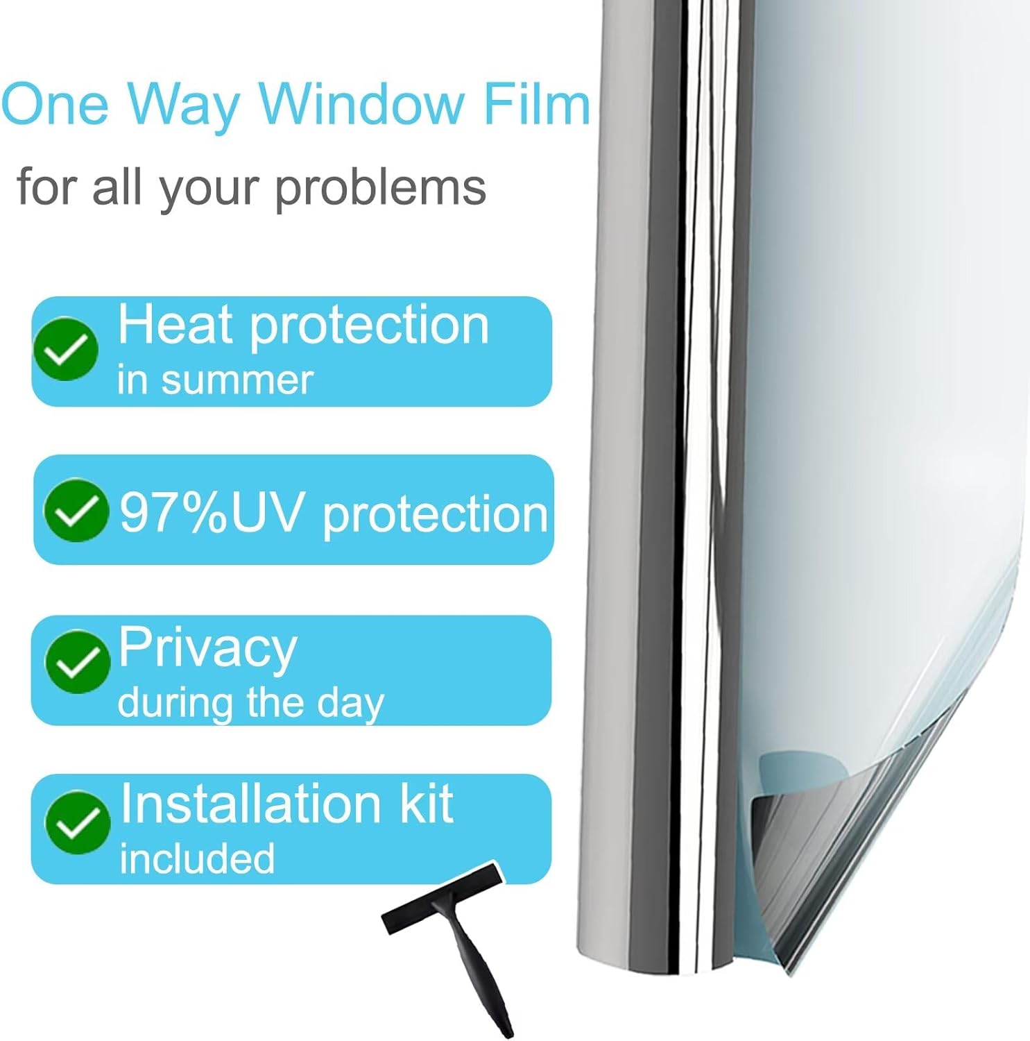 Thumbnail 5 de Folizent One Way Clear Window Film Privacy & Heat Reflective Tint (Silver, 60x200cm)