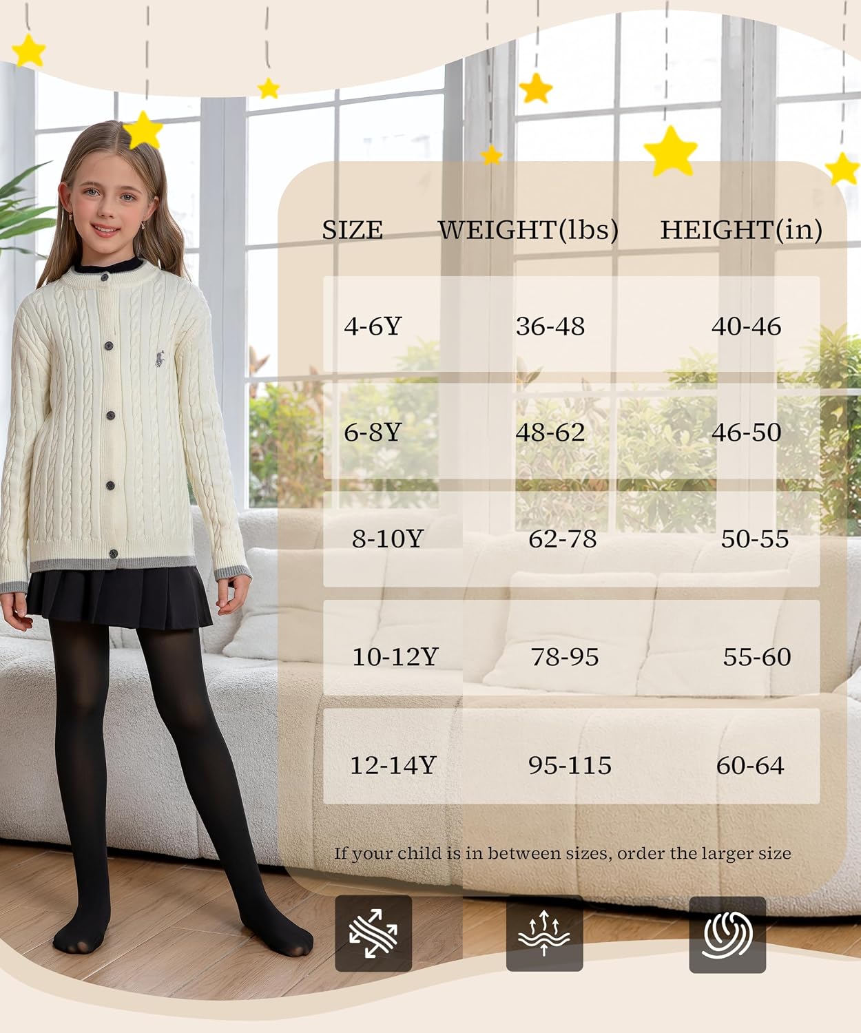 Detalle 2 de Hiltzo Girls Fleece-Lined Winter Tights with Faux Sheer Look