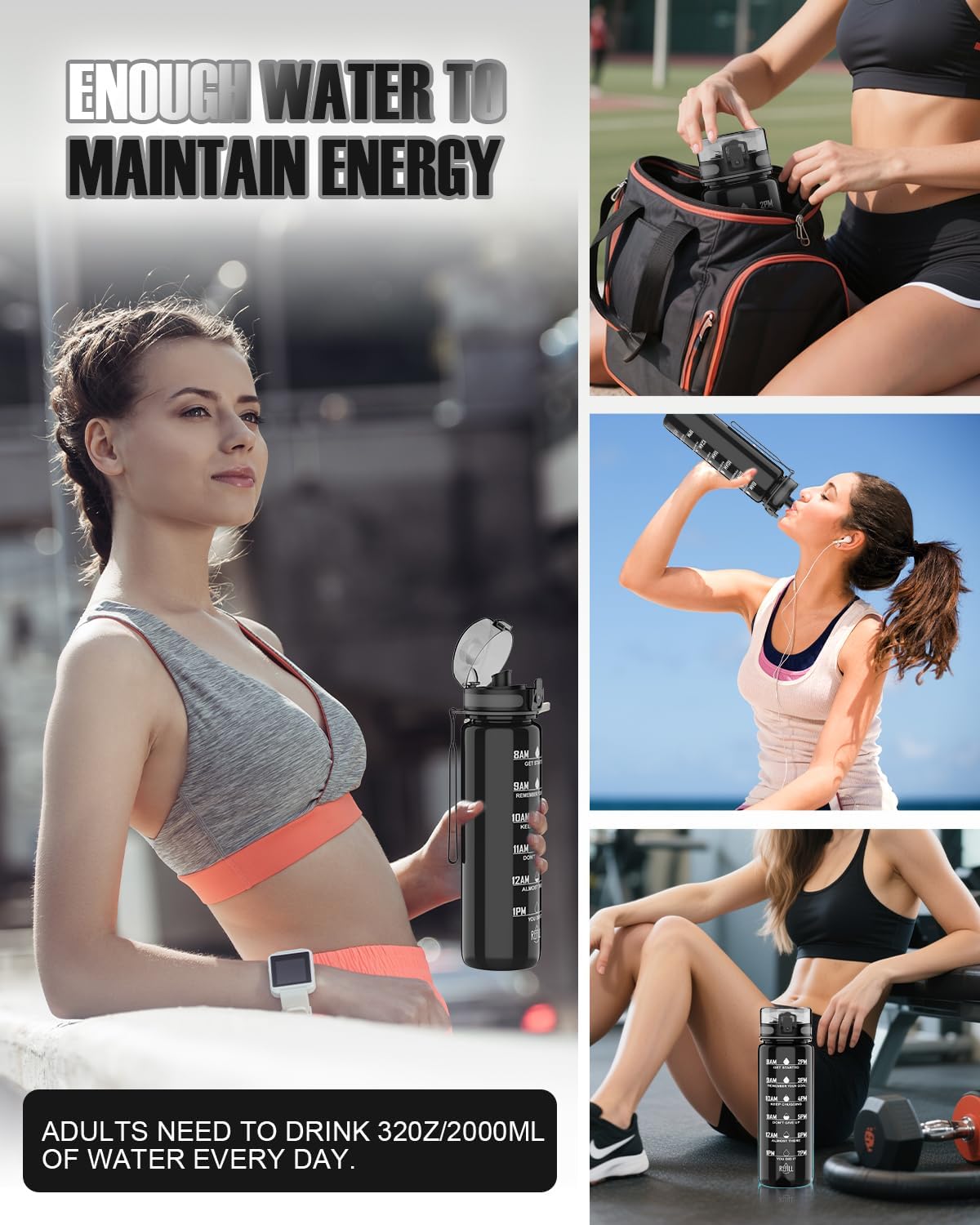 Thumbnail 6 de QIVORO 1-litre BPA-free Tritan motivational water bottle (black)
