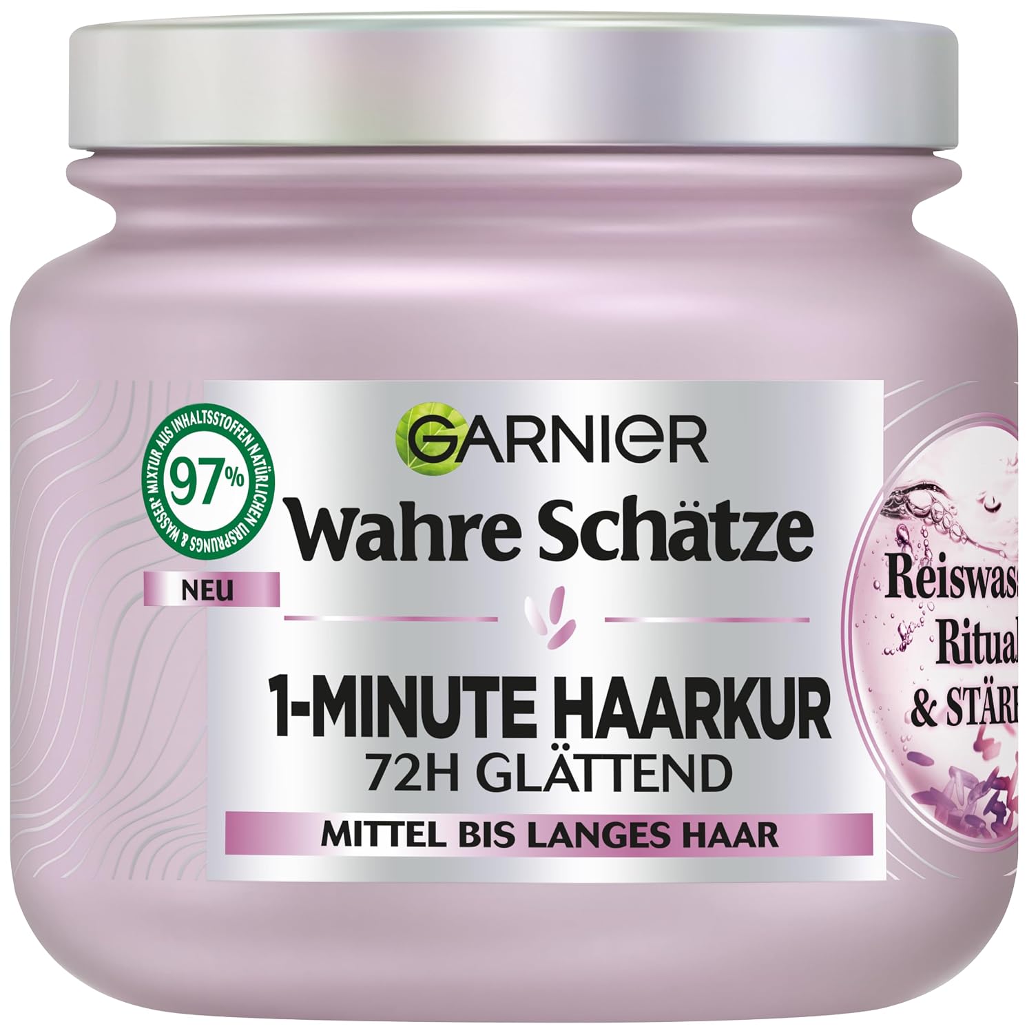 Detalle 2 de Garnier True Treasures Glättendes Haarpflegeset mit Reiswasser – Shampoo 250 ml, Conditioner 200 ml & 1-Minute Haarkur 340 ml (3-teilig)