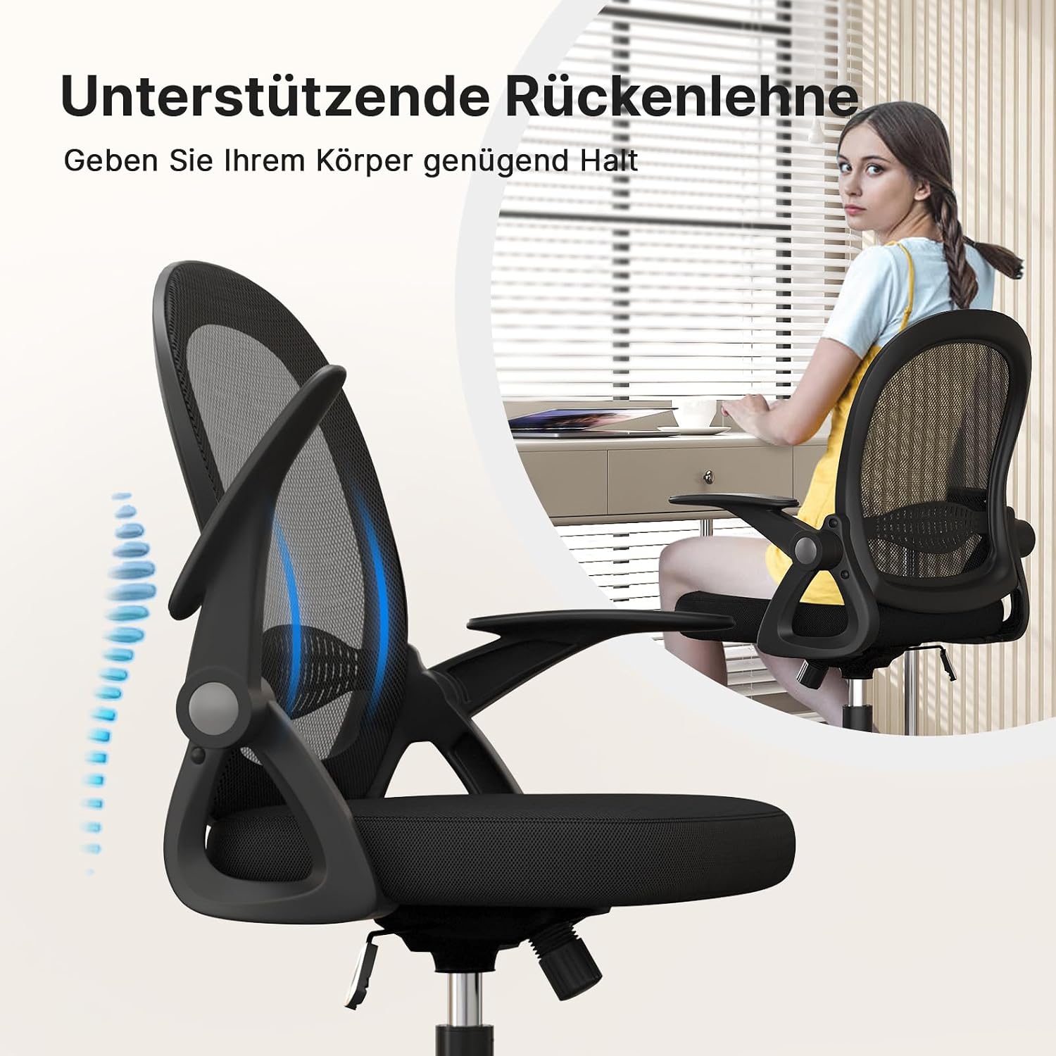 Detalle 2 de naspaluro Bürostuhl – Ergonomischer Schreibtischstuhl mit Mesh-Rückenlehne, hochklappbaren Armlehnen und 360° Drehfunktion