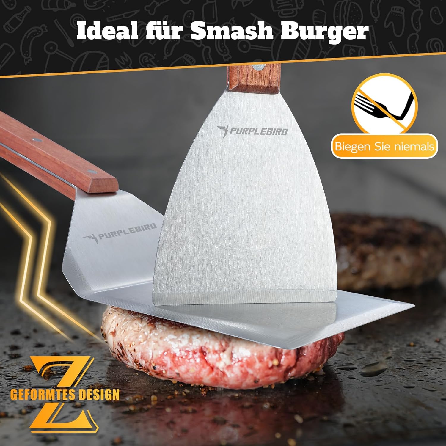 Thumbnail 1 de PURPLEBIRD Grillspachtel-Set aus Edelstahl mit großer Grillwender für Smash Burger