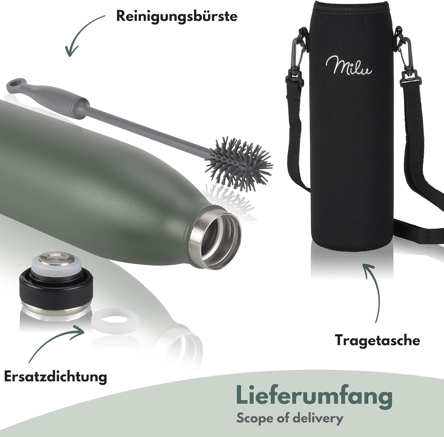 Detalle de Milu Edelstahl Trinkflasche 1L Olivgrün – doppelwandig, auslaufsicher und kohlensäuregeeignet