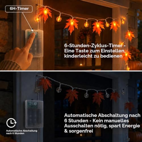 Detalle de LakiHomi Herbst Dekoration | 3 m LED-Lichterkette mit Ahornblättern und Kürbisperlen (20 LEDs, Timer)